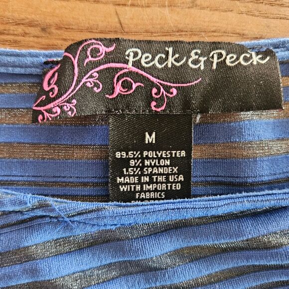 Peck & Peck M Blue Sheer Stripe Knit Top Boatneck Lightweight Fair Condition - Picture 2 of 5